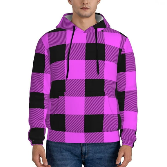 Kdxio Purple Black Buffalo Plaid Print Mens Casual Hooded Collar Drawstring Hoodies Pullover Sweatshirts Casual Long Sleeve Shirts-X-Large