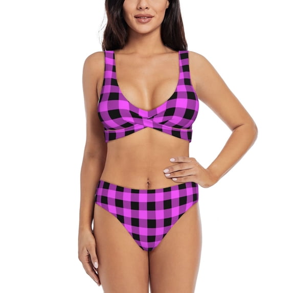 Kdxio Purple Black Buffalo Plaid Print Women's 2 Piece High Waisted Wrap Spaghetti Strap Summer Swimsuit Bikini Set-Medium