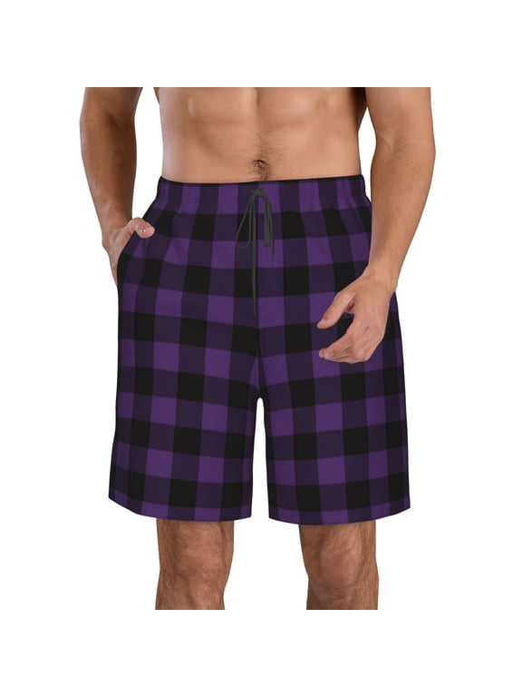 Purple Black Plaid Pattern Mens Casual Shorts - Drawstring Summer Beach Sports Shorts for Men