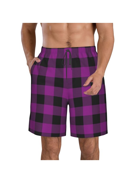 Purple Black Plaid Pattern Mens Casual Shorts - Drawstring Summer Beach Sports Shorts for Men