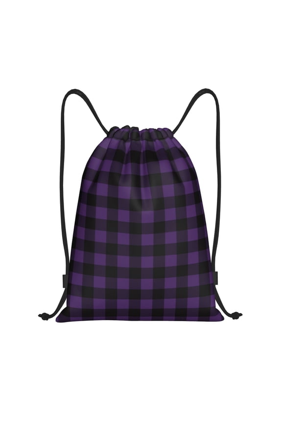Purple Black Plaid Print Drawstring Backpack Bag,Waterproof Draw String Back Sack, Gym Drawstring Bags Swim Bag For Unisex