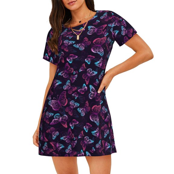 Kdxio Purple Butterfly Pattern Womens Short Sleeve Sleepshirt Scoopneck Cute Nightdress Ruffle Comfy Nightgown