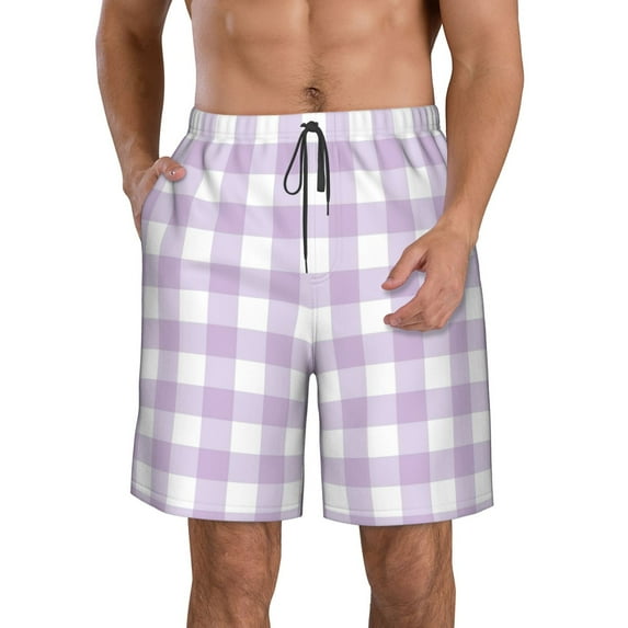 Kdxio Purple Checkboard Pattern Mens Casual Shorts - Drawstring Summer Beach Sports Shorts for Men