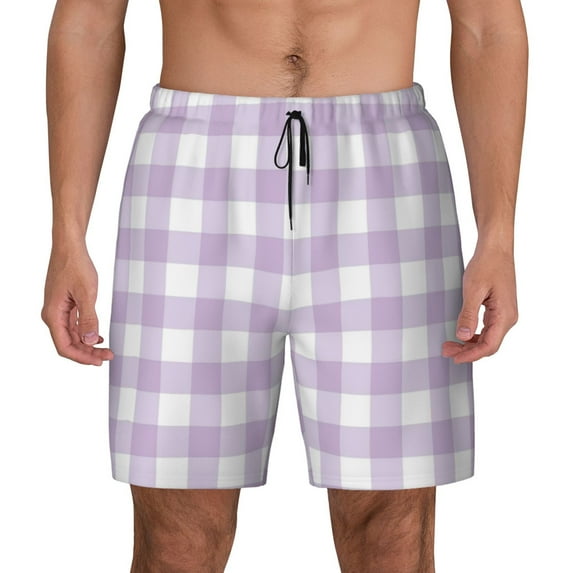 Kdxio Purple Checkboard Print Men'S Swim Trunks With Compression Liner 7 Inch Inseam Quick Dry Swim Shorts