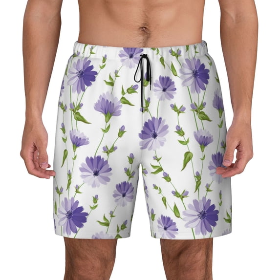 Kdxio Purple Chicory Print Men's Swim Trunks with Compression Liner 7 Inch Inseam Quick Dry Swim Shorts