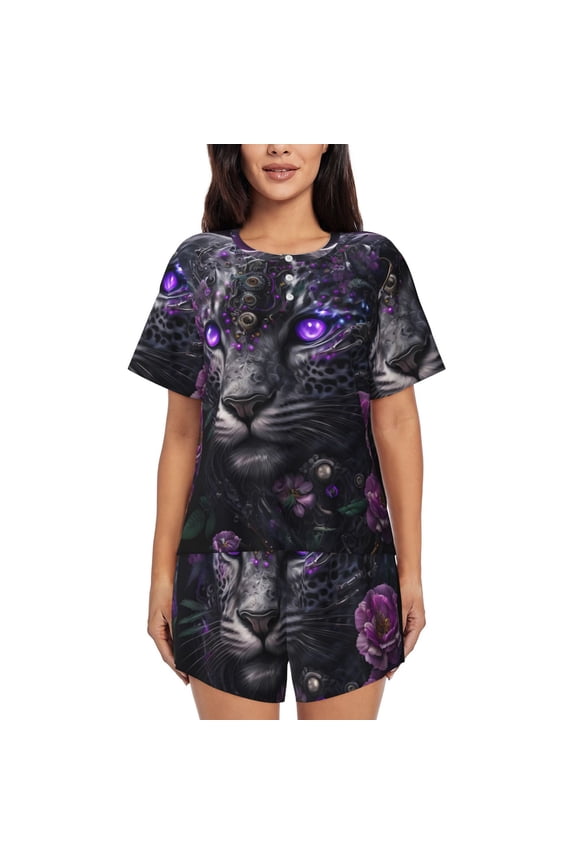 Purple-Eyed Floral Leopard Print Pajamas Sets for Women Short-Sleeved Pjs with Lounge Shorts Two Piece Sleepwear S-4XL