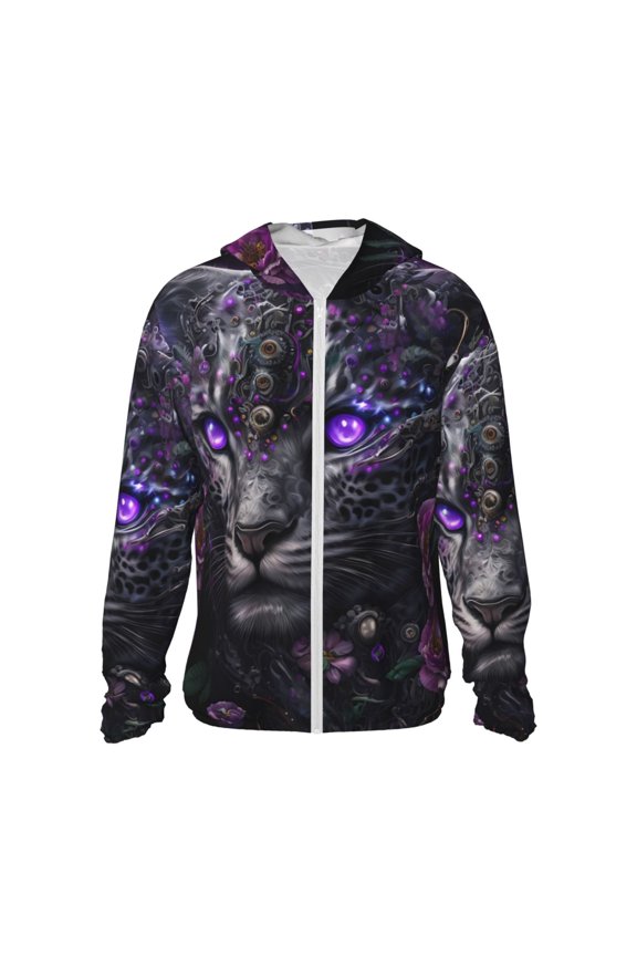 Purple-Eyed Floral Leopard Print Women Men Sun Protection UPF 50+ Jackets Zip Up Long Sleeve Hoodie Hiking Lightweight with Pockets
