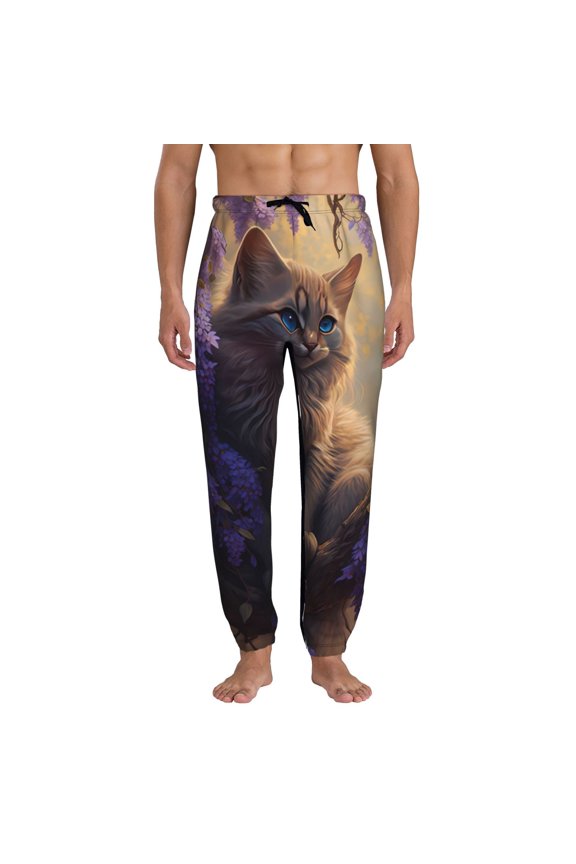 Purple Flower Lazy Cat Pattern Joggers,Sweatpants for Men with Pockets-Small