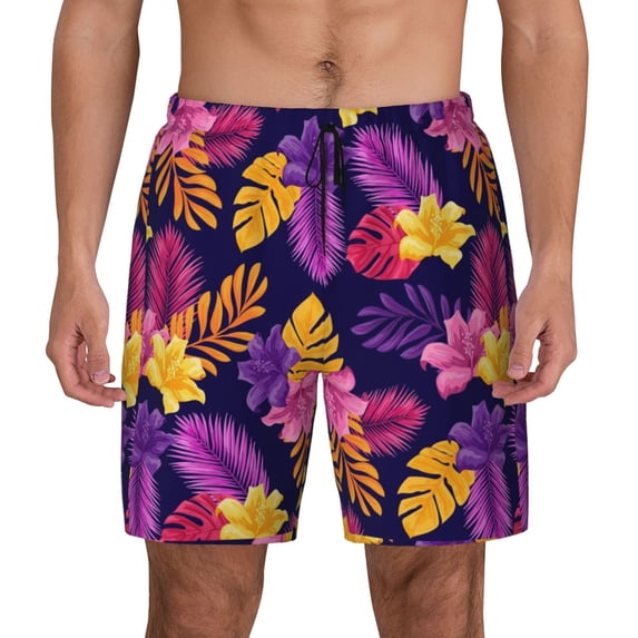 Kdxio Purple Flower Print Men'S Swim Trunks With Compression Liner 7 Inch Inseam Quick Dry Swim Shorts