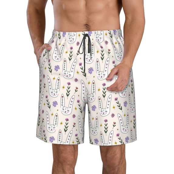 Kdxio Purple Flower Rabbit Pattern Mens Casual Shorts - Drawstring Summer Beach Sports Shorts for Men
