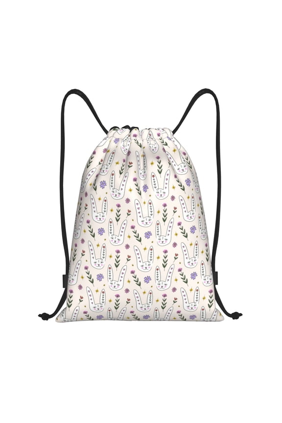 Purple Flower Rabbit Print Drawstring Backpack Bag,Waterproof Draw String Back Sack, Gym Drawstring Bags Swim Bag For Unisex