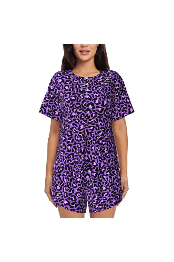 Purple Leopard Print Pajamas Sets for Women Short-Sleeved Pjs with Lounge Shorts Two Piece Sleepwear S-4XL