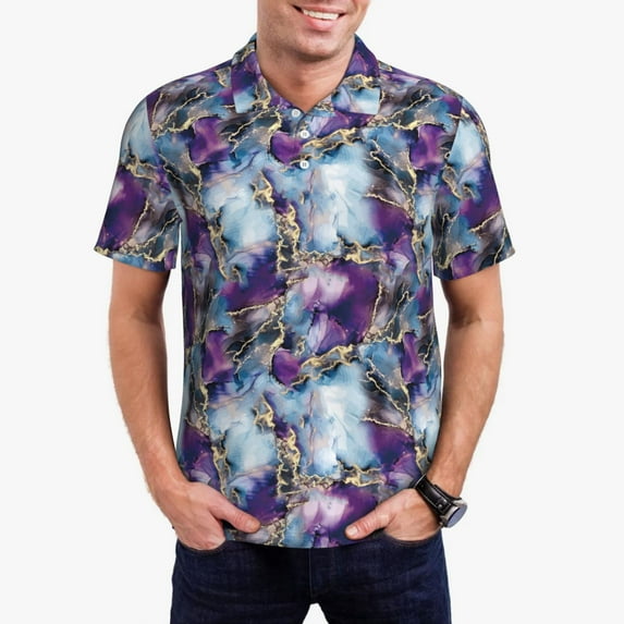 Kdxio Purple Marble Texture Print Men's Short Sleeve Polo Shirt,Midweight Men's Shirt