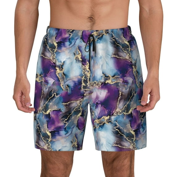 Kdxio Purple Marble Texture Print Men's Swim Trunks with Compression Liner 7 Inch Inseam Quick Dry Swim Shorts