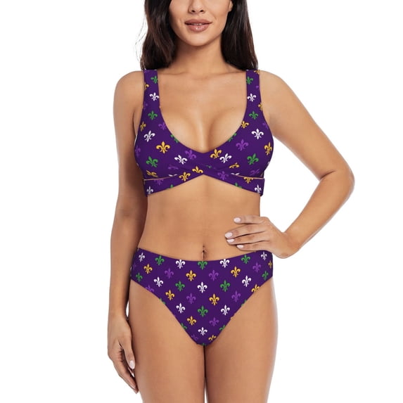 Kdxio Purple Mardi Gras Print Women's 2 Piece High Waisted Wrap Spaghetti Strap Summer Swimsuit Bikini Set-Large