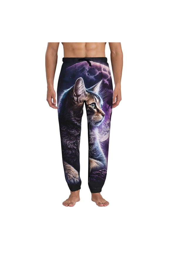 Purple Moon Cat Pattern Joggers,Sweatpants for Men with Pockets-Large