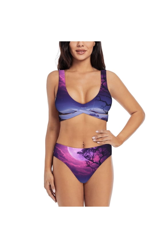 Purple Moon Tree Night Sky Print Women's 2 Piece High Waisted Wrap Spaghetti Strap Summer Swimsuit Bikini Set-XX-Large
