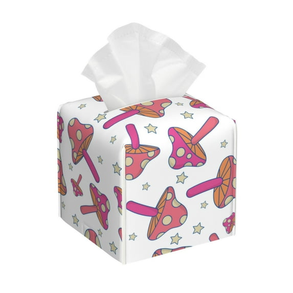 Kdxio Purple Mushroom Print Tissue Box Cover,Square Decorative PU Leather Facial Paper Case Organizer Holder Dispenser for Bathroom,Night Stands,Desk,Car 5.2''X5.2''X5.2''
