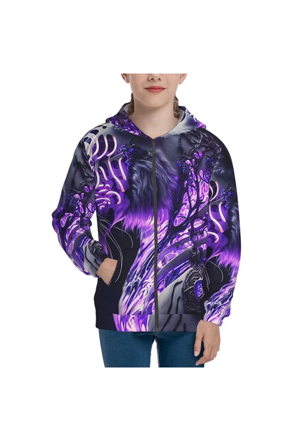 Purple Pattern White Tiger Pattern Kids Boys Girls Zip Up Hoodie 3D Printed Hooded Sweatshirt Hoody Coat with Pocket 7-12 Y-Medium