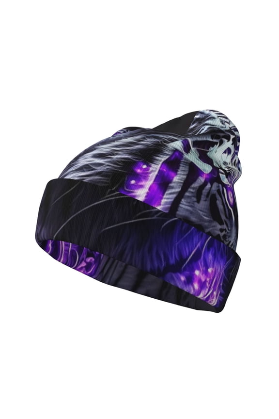 Purple Plant White Tiger Winter Beanie for Men Women Beanie Knit Hat Cuffed Cap Beanie Knit Chunky Snow Cap