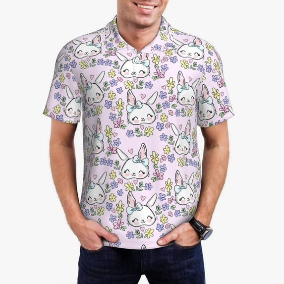 Kdxio Purple Rabbit Print Men's Short Sleeve Polo Shirt,Midweight Men's Shirt