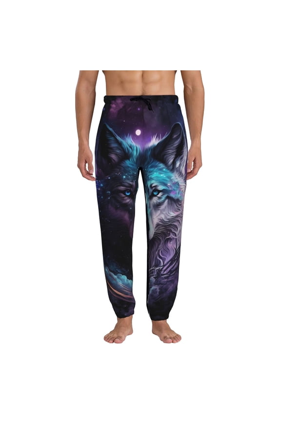 Purple Sky Wolf Pattern Joggers,Sweatpants for Men with Pockets-Large