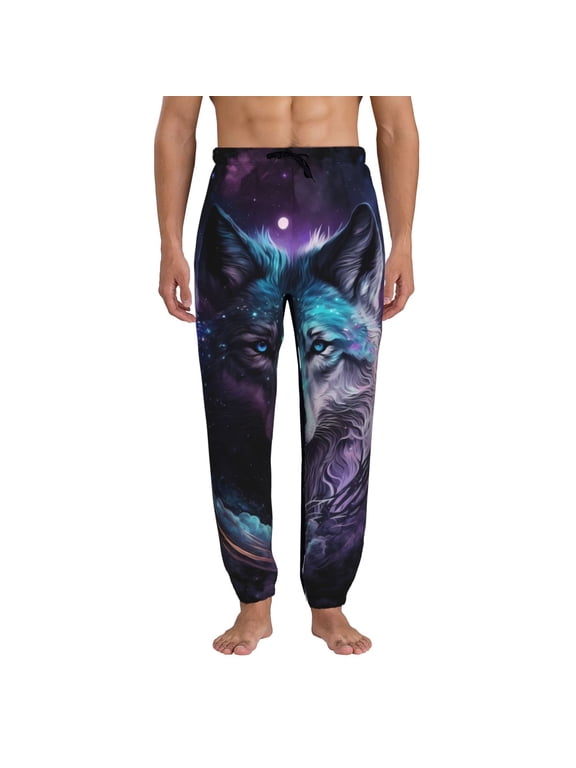 Purple Sky Wolf Pattern Joggers,Sweatpants for Men with Pockets-Large