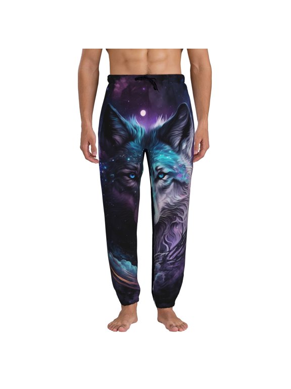 Purple Sky Wolf Pattern Joggers,Sweatpants for Men with Pockets-Small
