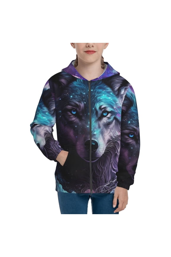 Purple Sky Wolf Pattern Kids Boys Girls Zip Up Hoodie 3D Printed Hooded Sweatshirt Hoody Coat with Pocket 7-12 Y-Medium