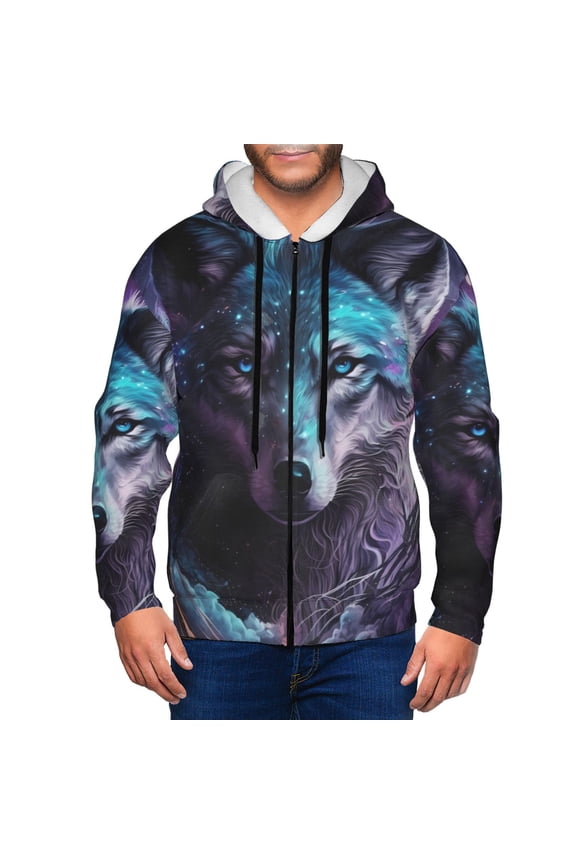 Purple Sky Wolf Print Men Hoodies Casual Hoodies for Men with Zip Pockets Full Zip Long Sleeve Sweatshirt Sports Hooded Jacket-Medium