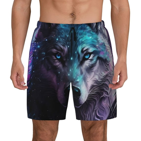 Kdxio Purple Sky Wolf Print Men's Swim Trunks with Compression Liner 7 Inch Inseam Quick Dry Swim Shorts
