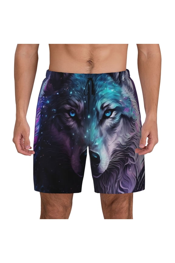 Purple Sky Wolf Print Men's Swim Trunks with Compression Liner 7 Inch Inseam Quick Dry Swim Shorts