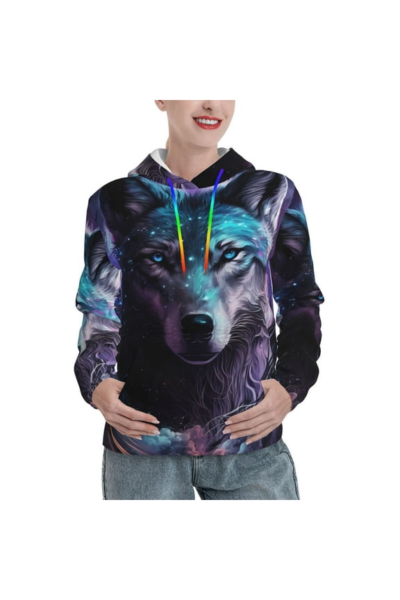 Purple Sky Wolf Print Womens Oversized Hoodies Sweatshirts Hooded Pullover Tops Sweaters Casual-Medium