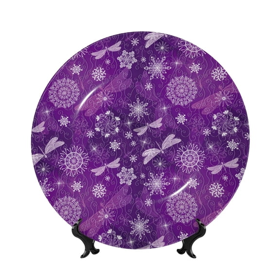 Kdxio Purple Snowflakes Bone China Decorative Plate Ceramic Decorative Plate for Home Office Wall Stand Decorative Plates for Home Bedroom-7in