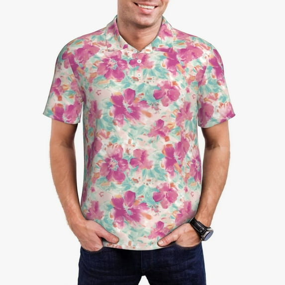 Kdxio Purple Watercolor Flowers Print Men's Short Sleeve Polo Shirt,Midweight Men's Shirt