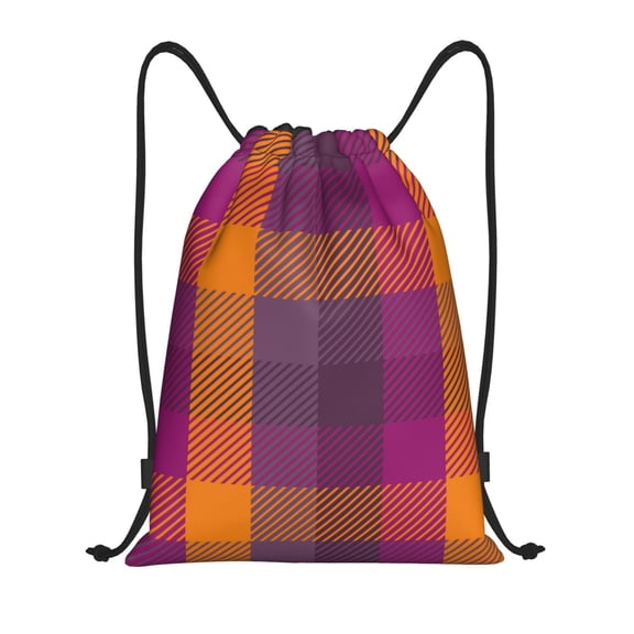 Kdxio Purple Yellow Buffalo Plaid Print Drawstring Backpack Bag,Waterproof Draw String Back Sack, Gym Drawstring Bags Swim Bag For Unisex