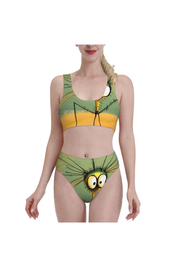 Quirky Cartoon 123 for Womens High Waisted Bikini Top Sports Style Two Piece Bathing Suits
