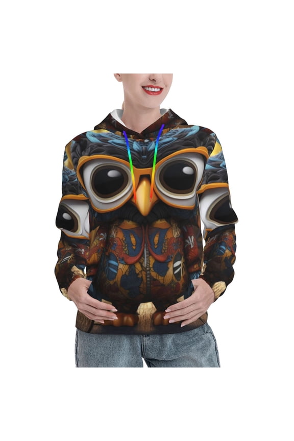 Quirky Owl With Glasses Print Womens Oversized Hoodies Sweatshirts Hooded Pullover Tops Sweaters Casual-Large