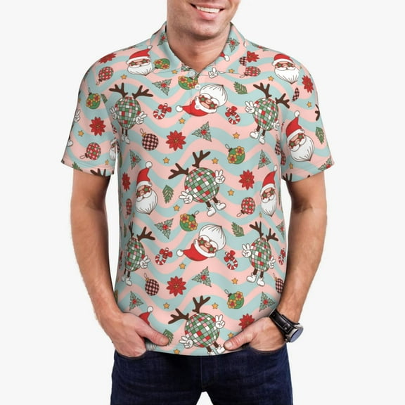 Kdxio Quirky Santa Reindeer Retro Wave Print Men's Short Sleeve Polo Shirt,Midweight Men's Shirt-3X-Large