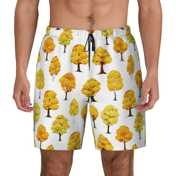 Kdxio Qutumn Tree Print Men's Swim Trunks with Compression Liner 7 Inch Inseam Quick Dry Swim Shorts