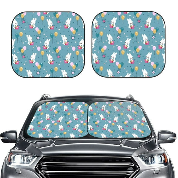 Kdxio Rabbit And Balloon Print 2-Piece Sun Shade Front Windshield - Foldable Car Front Window Sunshades for Most Sedans SUV Truck