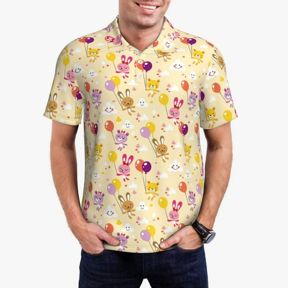 Kdxio Rabbit And Balloon Print Men's Short Sleeve Polo Shirt,Midweight Men's Shirt