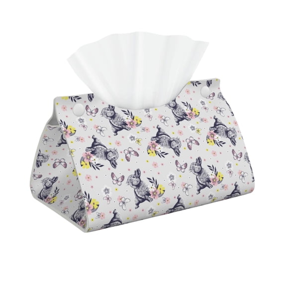 Kdxio Rabbit And Butterfly Print Tissue Box Cover,Modern PU Leather Rectangular Tissue Box Holder for Bathroom Living Room Bedroom Office Desk Car Home