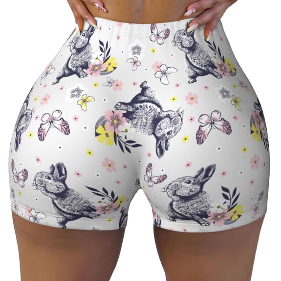 Kdxio Rabbit And Butterfly Print Workout Shorts for Women Seamless Soft Smooth Gym Yoga Scrunch Active Shorts