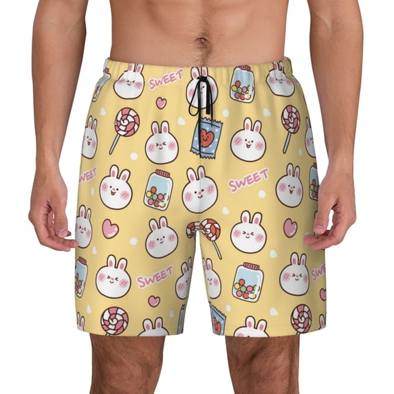 Kdxio Rabbit And Candy Print Men's Swim Trunks with Compression Liner 7 Inch Inseam Quick Dry Swim Shorts
