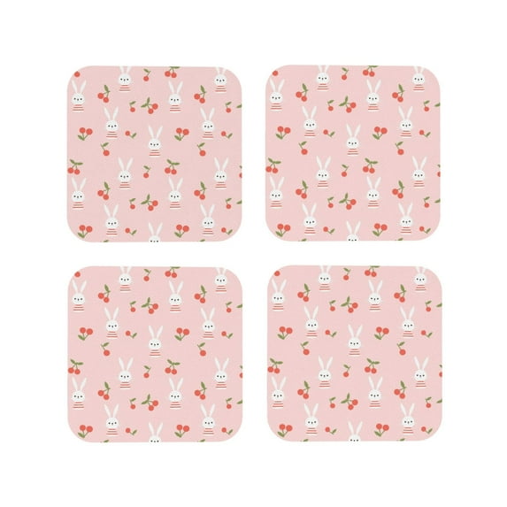 Kdxio Rabbit And Cherry Funny Coasters,4 Pcs Leather Coasters,Housewarming Gifts,Protect Furniture from Water Marks Scratch and Damage