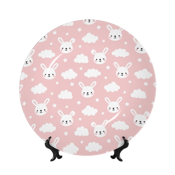 Kdxio Rabbit And Cloud Bone China Decorative Plate Ceramic Decorative Plate for Home Office Wall Stand Decorative Plates for Home Bedroom-8in