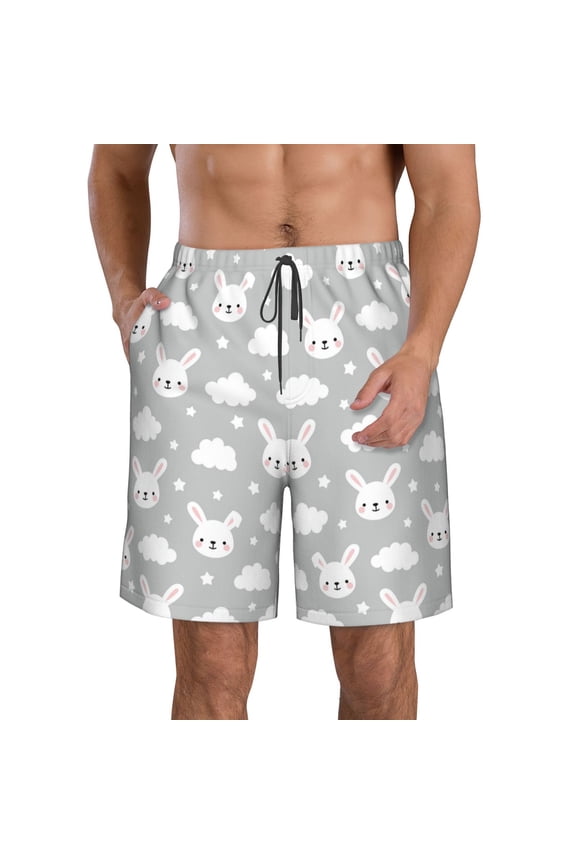 Rabbit And Cloud Pattern Mens Casual Shorts - Drawstring Summer Beach Sports Shorts for Men