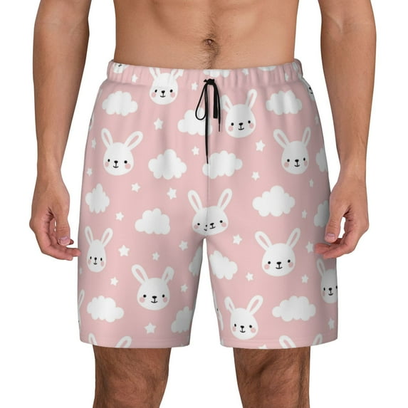 Kdxio Rabbit And Cloud Print Men's Swim Trunks with Compression Liner 7 Inch Inseam Quick Dry Swim Shorts