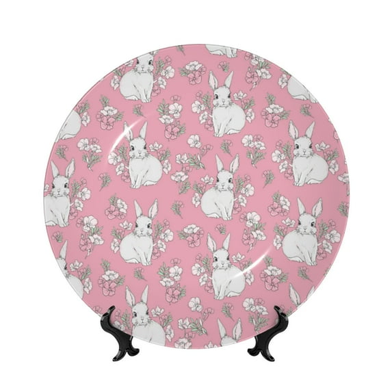 Kdxio Rabbit And Flower Bone China Decorative Plate Ceramic Decorative Plate for Home Office Wall Stand Decorative Plates for Home Bedroom-8in